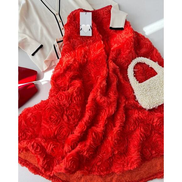 ZARA Floral Voluminous Midi Skirt NWT | Red Textured A-Line - Picture 16 of 16